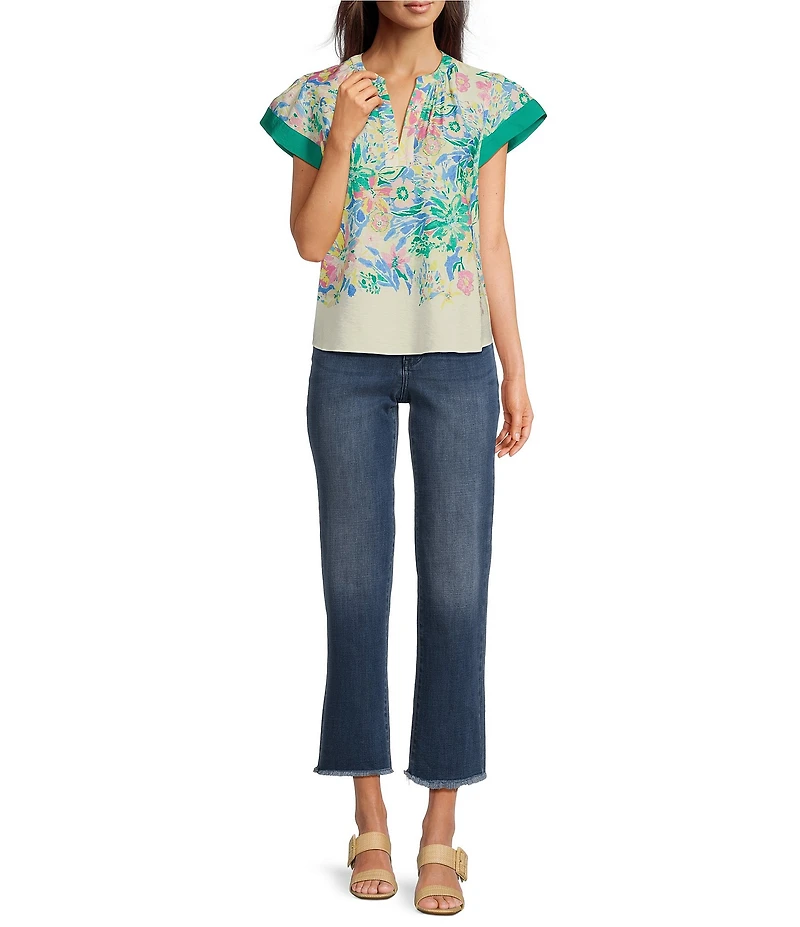 Current Air Woven Floral Print Split Neck Flutter Sleeve Contrast Trim Blouse