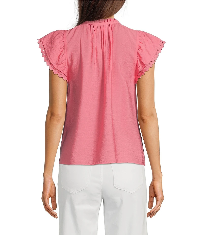 Current Air Woven Ruffle Neck Short Sleeve Crochet Trim Blouse