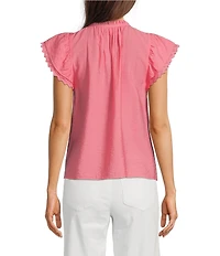Current Air Woven Ruffle Neck Short Sleeve Crochet Trim Blouse
