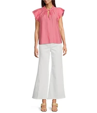 Current Air Woven Ruffle Neck Short Sleeve Crochet Trim Blouse