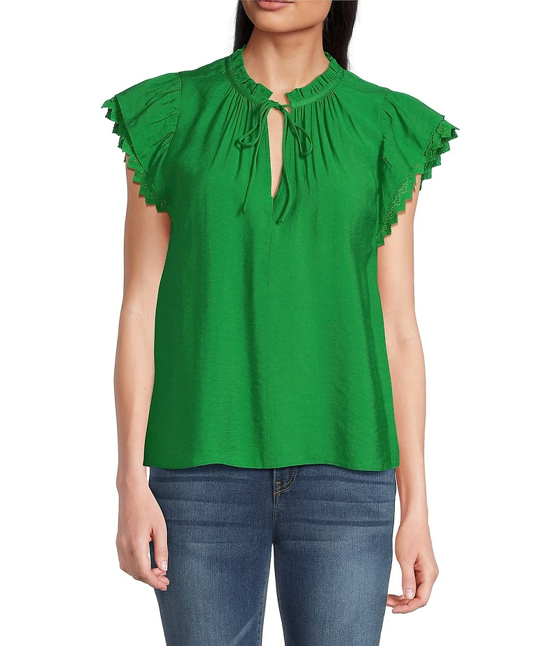 Current Air Woven Ruffle Neck Short Sleeve Crochet Trim Blouse