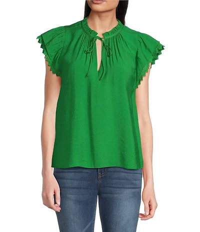 Current Air Woven Ruffle Neck Short Sleeve Crochet Trim Blouse