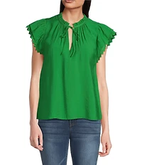 Current Air Woven Ruffle Neck Short Sleeve Crochet Trim Blouse