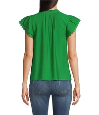 Current Air Woven Ruffle Neck Short Sleeve Crochet Trim Blouse