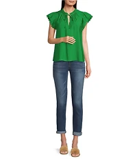 Current Air Woven Ruffle Neck Short Sleeve Crochet Trim Blouse