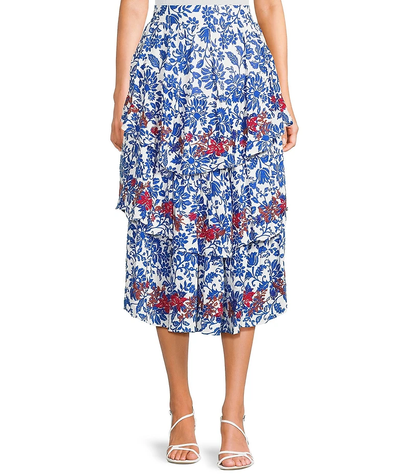 C&V Chelsea & Violet Embroidered Floral Print Tiered Midi Skirt