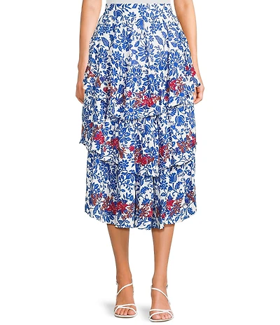 C&V Chelsea & Violet Embroidered Floral Print Tiered Midi Skirt