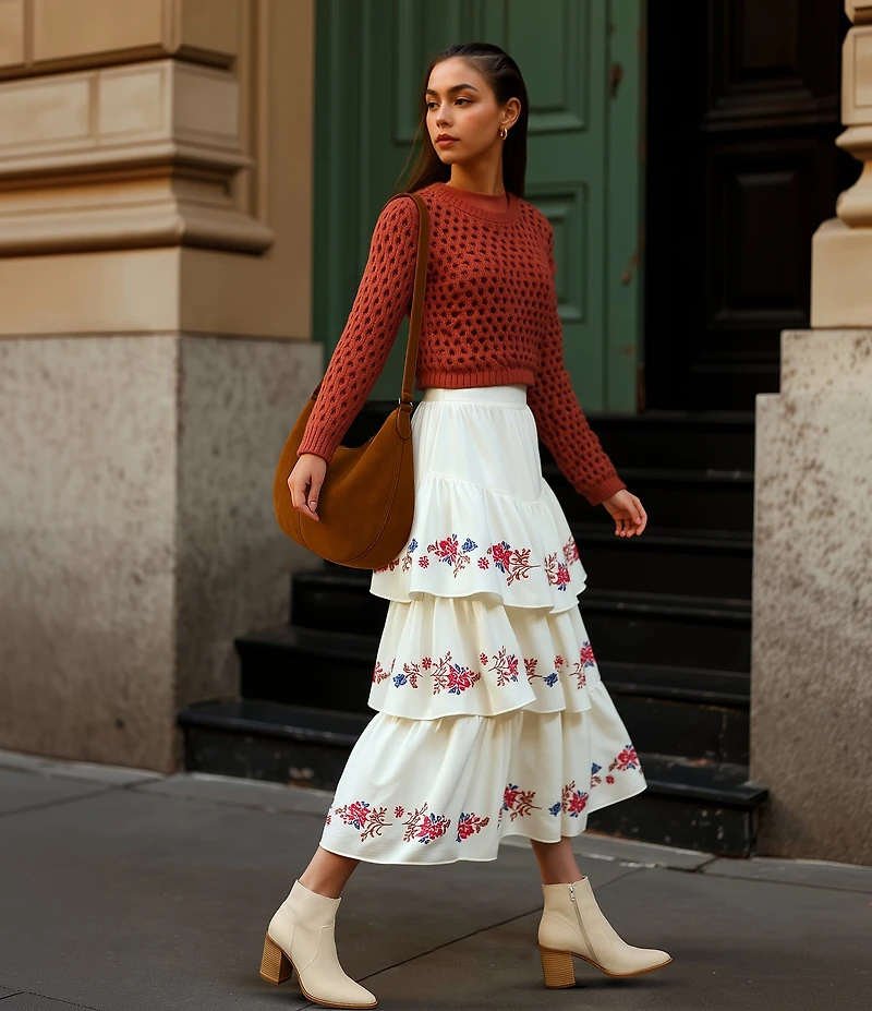 C&V Chelsea & Violet Embroidered Tiered Midi Skirt