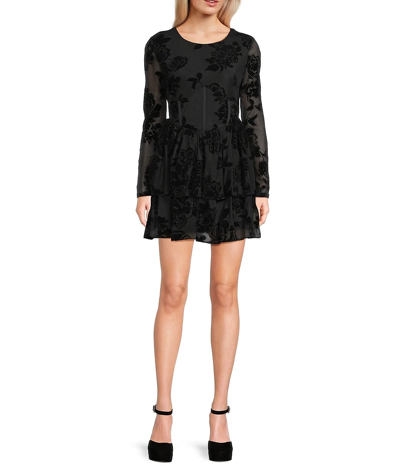 C&V Chelsea & Violet Long Sleeve Flocked Mesh Dress