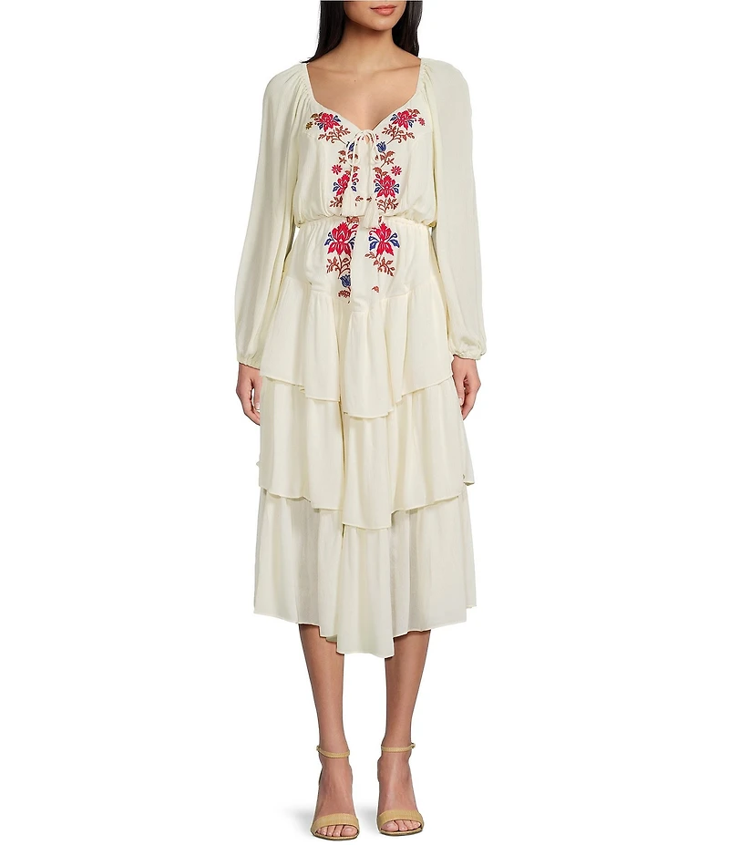 C&V Chelsea & Violet Printed Embroidered Long Sleeve Dress
