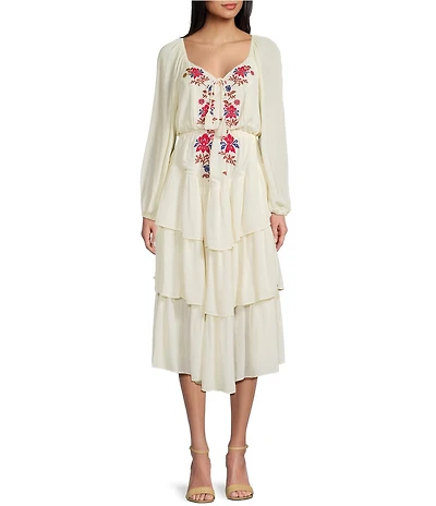 C&V Chelsea & Violet Printed Embroidered Long Sleeve Dress