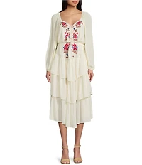 C&V Chelsea & Violet Printed Embroidered Long Sleeve Dress