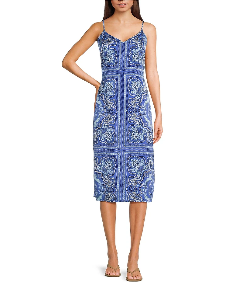 C&V Chelsea & Violet Printed V-Neck Sleeveless Midi Slip Dress
