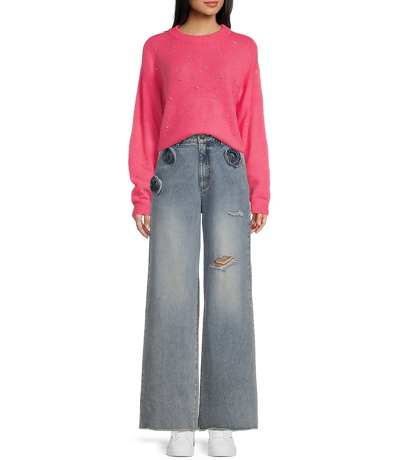 C&V Chelsea & Violet Distressed Rosette Wide Leg Denim Jeans