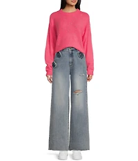 C&V Chelsea & Violet Distressed Rosette Wide Leg Denim Jeans