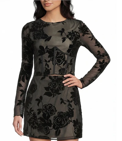 C&V Chelsea & Violet Round Neck Long Sleeve Flocked Mesh Coordinating Corset Top