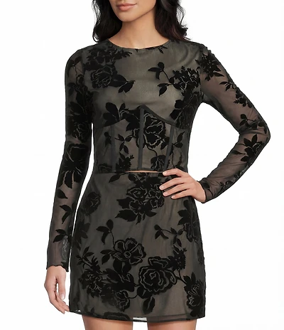 C&V Chelsea & Violet Round Neck Long Sleeve Flocked Mesh Coordinating Corset Top