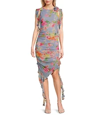 C&V Chelsea & Violet Sleeveless Floral Mesh Asymmetric Ruffle Hem Dress