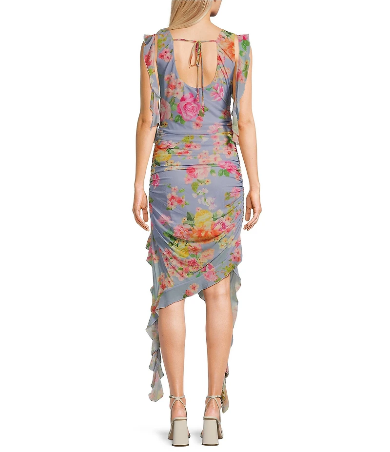 C&V Chelsea & Violet Sleeveless Floral Mesh Asymmetric Ruffle Hem Dress