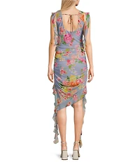 C&V Chelsea & Violet Sleeveless Floral Mesh Asymmetric Ruffle Hem Dress
