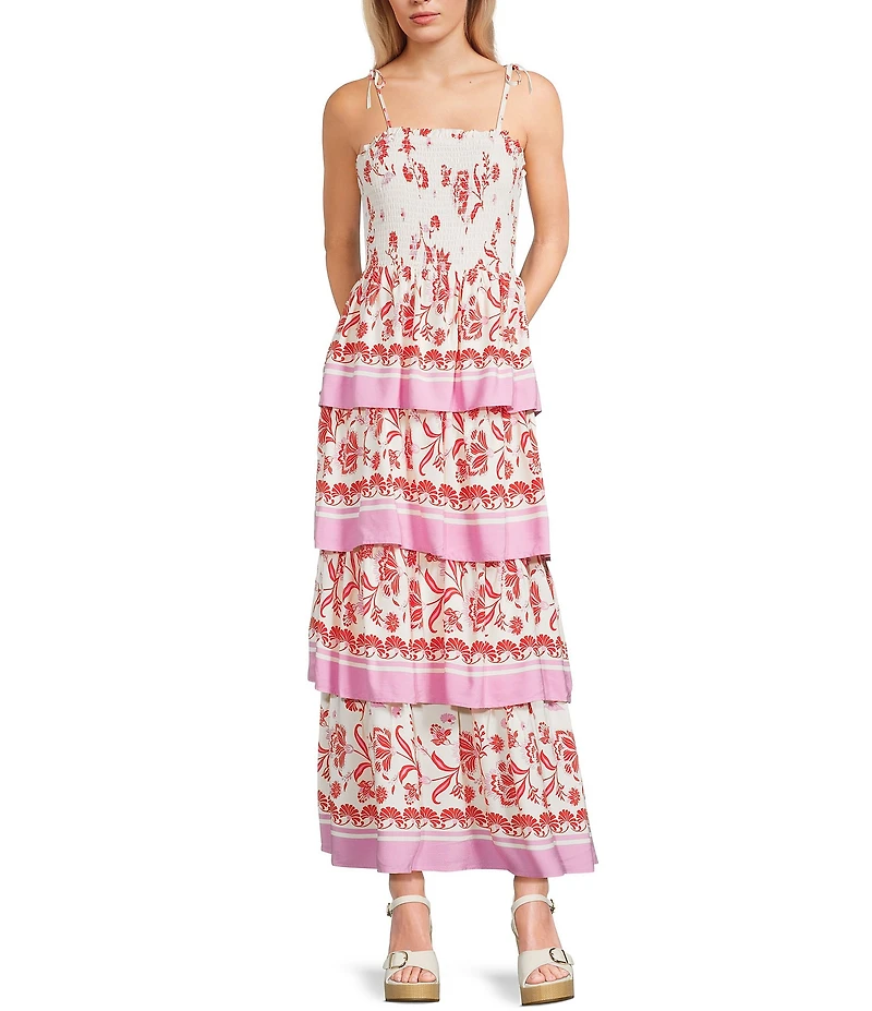 C&V Chelsea & Violet Square Neck Sleeveless Tiered Floral Tropical Print Maxi Dress