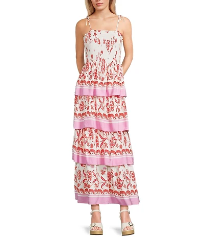 C&V Chelsea & Violet Square Neck Sleeveless Tiered Floral Tropical Print Maxi Dress