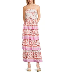 C&V Chelsea & Violet Square Neck Sleeveless Tiered Floral Tropical Print Maxi Dress