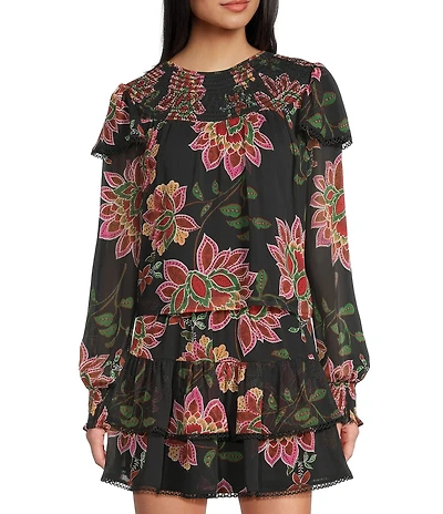 C&V Chelsea & Violet Woven Printed Fancy Smocked Coordinating Top