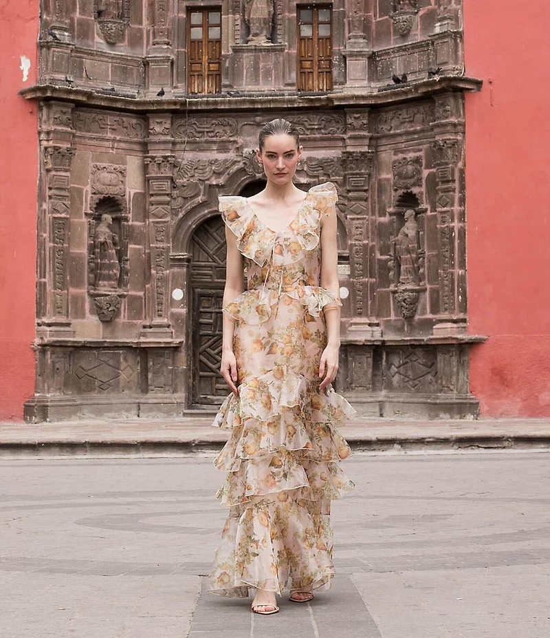 Damaris Bailey Carmen Flora Print Scoop Neck Sleeveless Ruffle Organza Dress