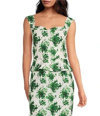 Damaris Bailey Coordinating Celeste Silk Green Floral Print Sweetheart Neckline Corset Peplum Top