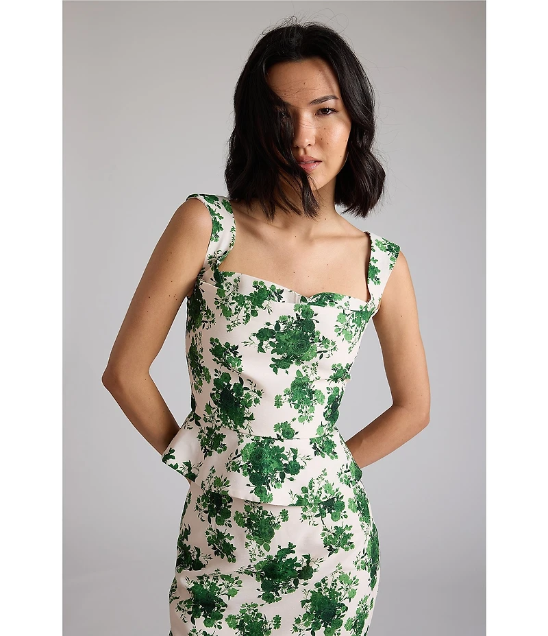 Damaris Bailey Coordinating Celeste Silk Green Floral Print Sweetheart Neckline Corset Peplum Top