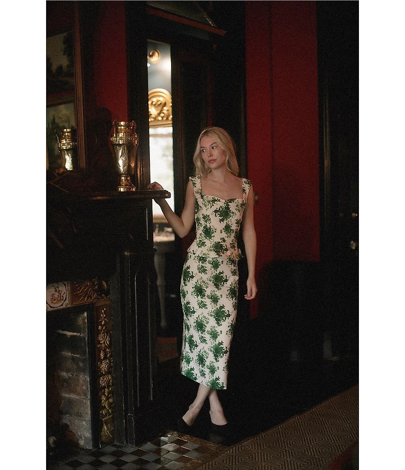 Damaris Bailey Coordinating Celeste Silk Green Floral Print Sweetheart Neckline Corset Peplum Top