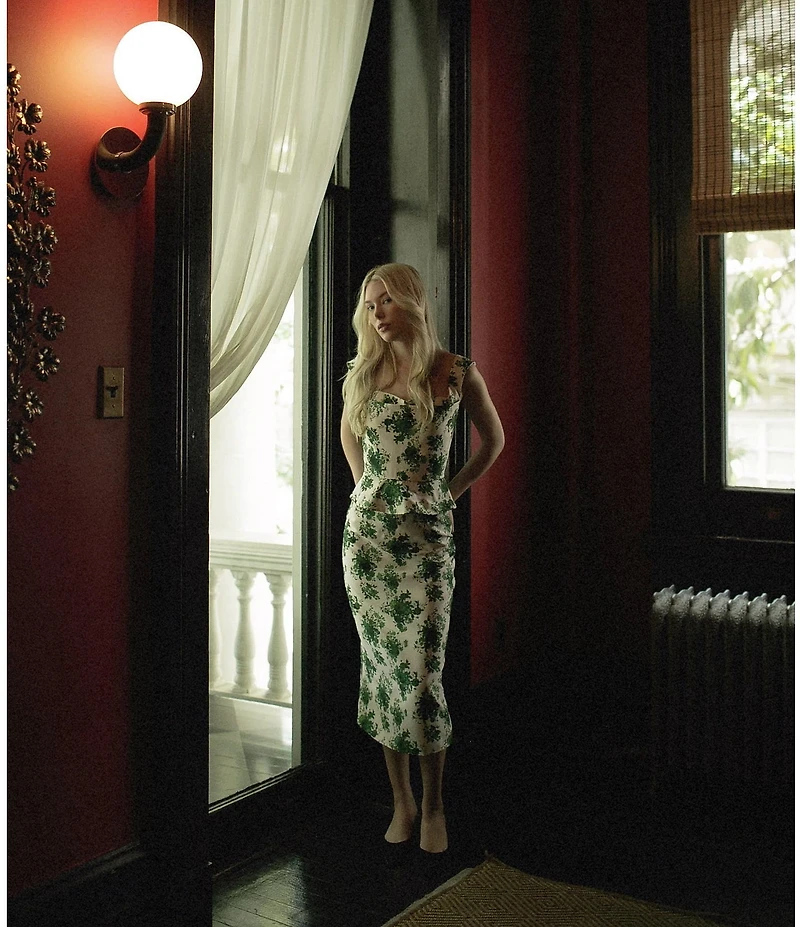 Damaris Bailey Coordinating Celeste Silk Green Floral Print Sweetheart Neckline Corset Peplum Top