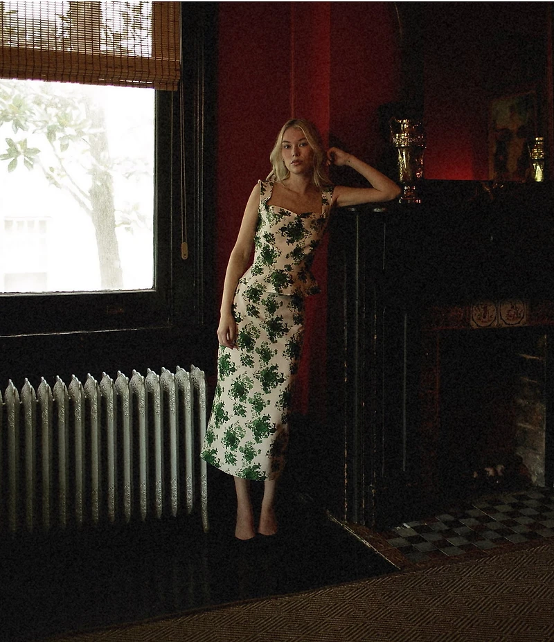 Damaris Bailey Coordinating Celeste Silk Green Floral Print Sweetheart Neckline Corset Peplum Top