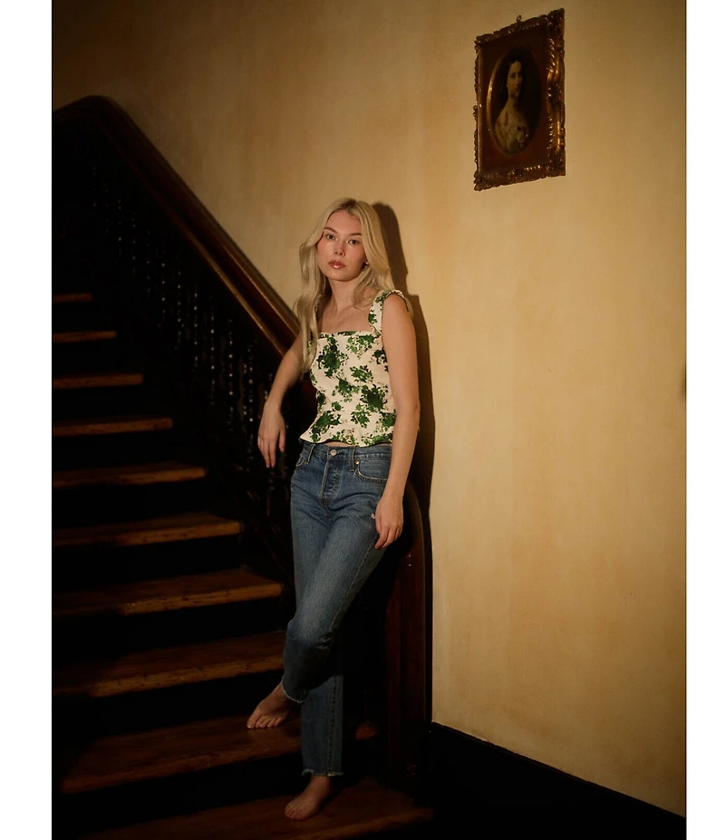 Damaris Bailey Coordinating Celeste Silk Green Floral Print Sweetheart Neckline Corset Peplum Top