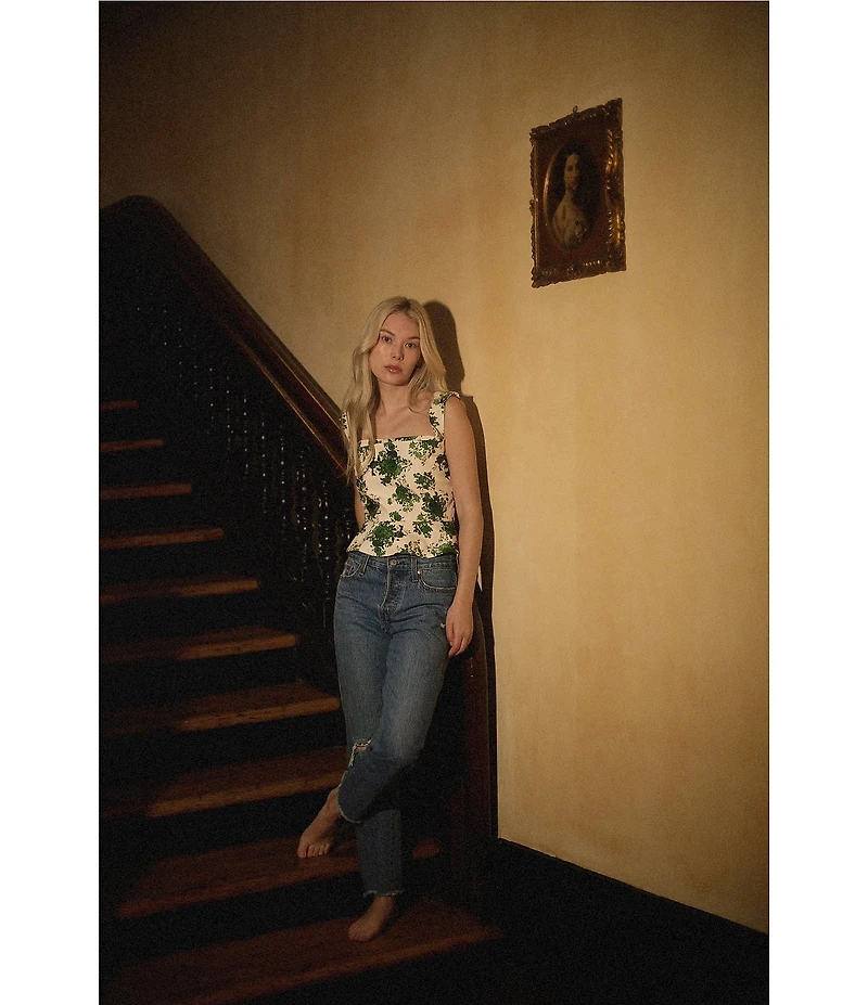 Damaris Bailey Coordinating Celeste Silk Green Floral Print Sweetheart Neckline Corset Peplum Top