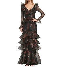 Damaris Bailey Evangeline Organza Floral Scoop Neck Sheer Long Sleeve Gown