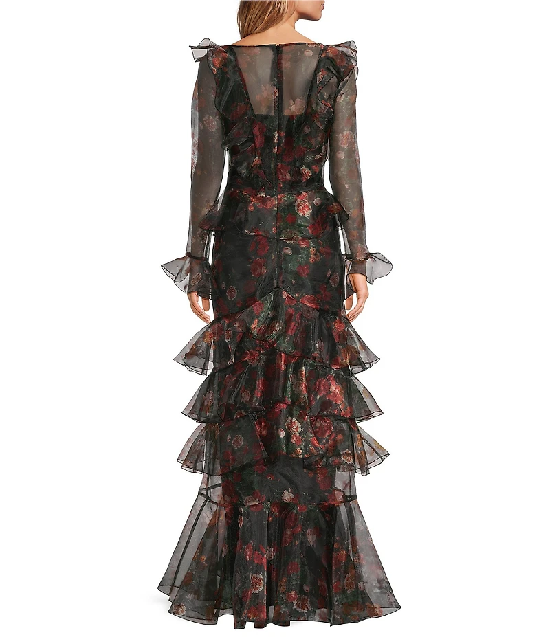 Damaris Bailey Evangeline Organza Floral Scoop Neck Sheer Long Sleeve Gown