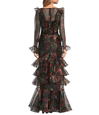 Damaris Bailey Evangeline Organza Floral Scoop Neck Sheer Long Sleeve Gown