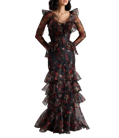 Damaris Bailey Evangeline Organza Floral Scoop Neck Sheer Long Sleeve Gown