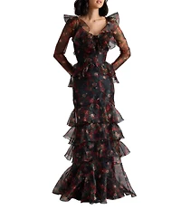 Damaris Bailey Evangeline Organza Floral Scoop Neck Sheer Long Sleeve Gown