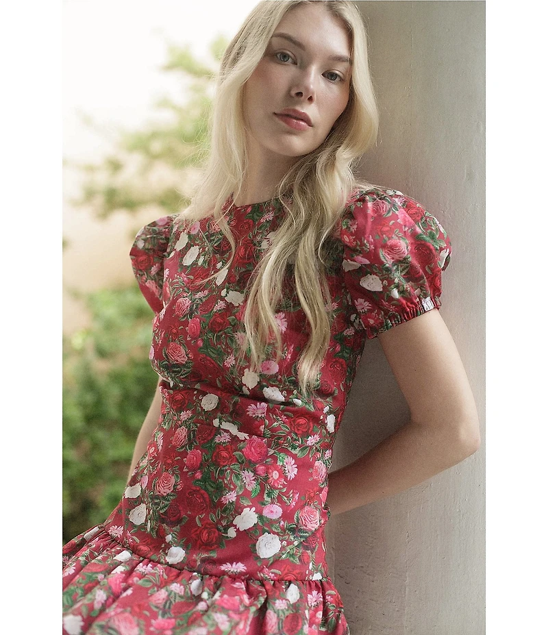 Damaris Bailey Gisella Floral Short Puff Sleeve Round Neck Drop Waist Maxi Dress