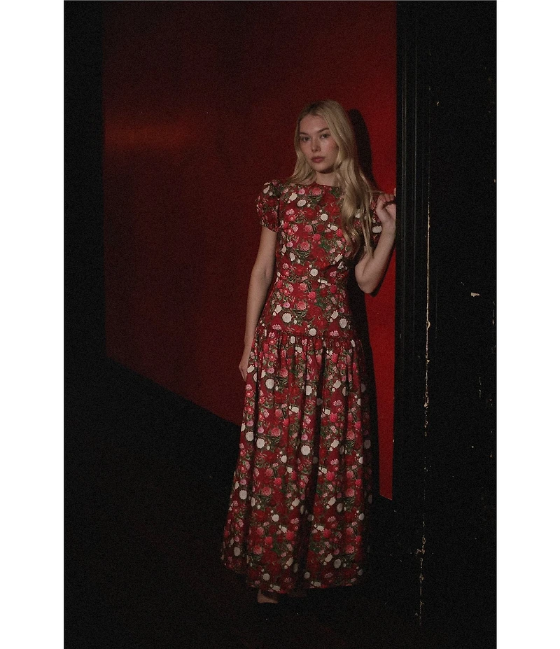 Damaris Bailey Gisella Floral Short Puff Sleeve Round Neck Drop Waist Maxi Dress