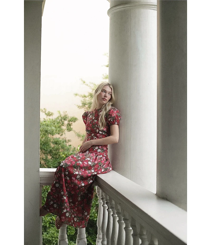 Damaris Bailey Gisella Floral Short Puff Sleeve Round Neck Drop Waist Maxi Dress