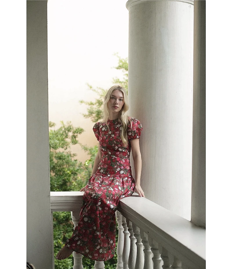 Damaris Bailey Gisella Floral Short Puff Sleeve Round Neck Drop Waist Maxi Dress
