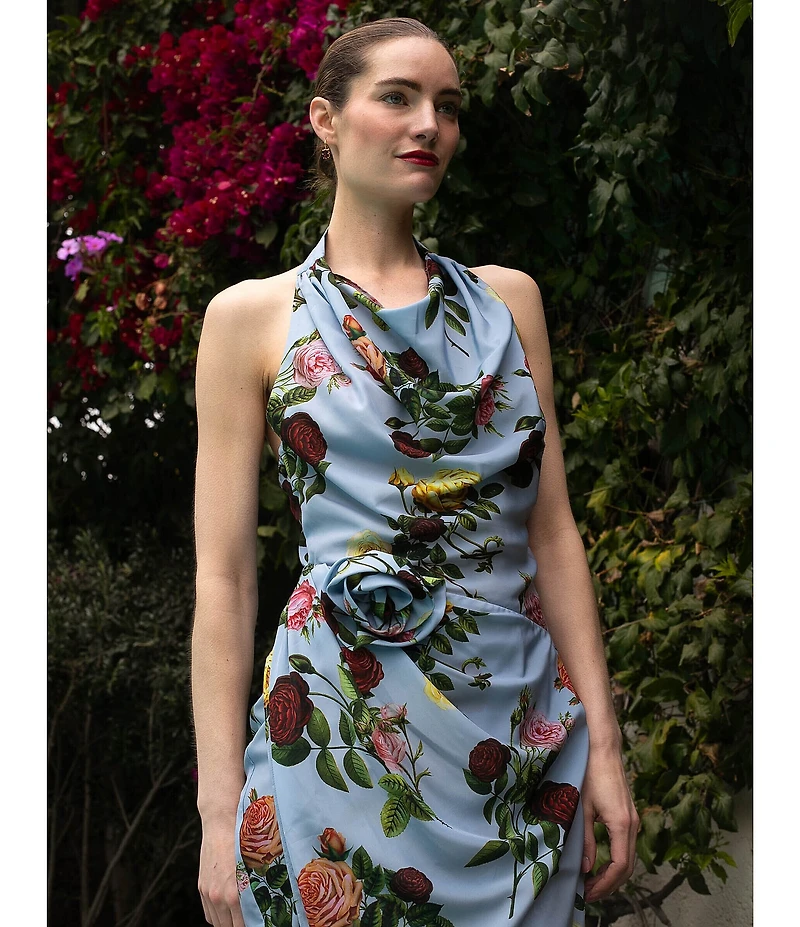 Damaris Bailey Helena Rose Print Halter Neck Sleeveless Sheath Wrap Midi Dress