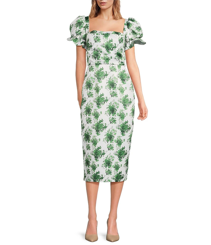 Damaris Bailey Puff Sleeve Silk Sheath Midi Dress