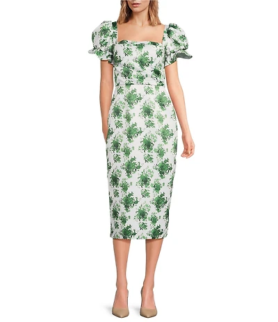Damaris Bailey Puff Sleeve Silk Sheath Midi Dress