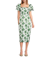 Damaris Bailey Puff Sleeve Silk Sheath Midi Dress