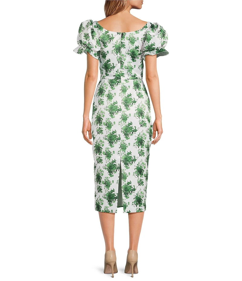 Damaris Bailey Puff Sleeve Silk Sheath Midi Dress